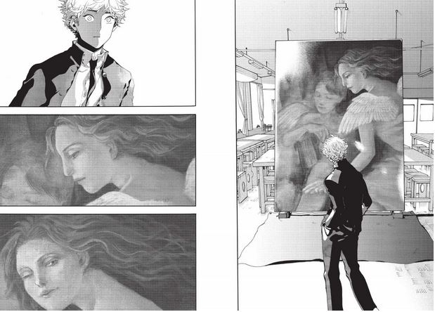 Yatora standing before Mori-senpai's painting — panels from Blue Period